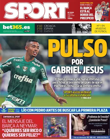 Gabriel Jesus na capa do Sport desta terça