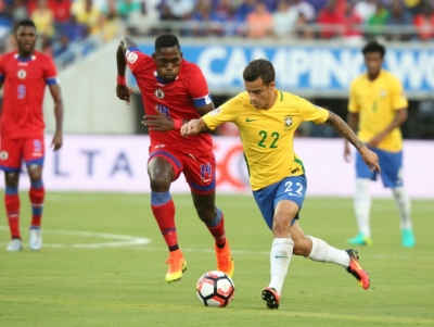 Philippe Coutinho (R) marcou tr&ecirc;s gols contra o Haiti, em 8 de junho, em Orlando
