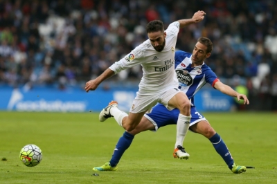 Carvajal em a&ccedil;&atilde;o com o Real, em 14 de maio, em La Coru&ntilde;a