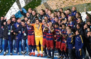 O Barcelona comemora t&iacute;tulo do Mundial de Clubes da Fifa, 20 de dezembro, 2015 no Jap&atilde;o