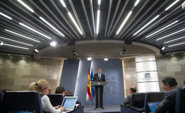 Mariano Rajoy em coletiva de imprensa em Madri em 26 de fevereiro ap&oacute;s se reunir com o rei Felipe VI