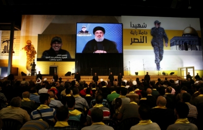 O chefe do Hezbollah liban&ecirc;s, Hassan Nasrallah, fala durante transmiss&atilde;o, em Beirute, no dia 20 de maio de 2016