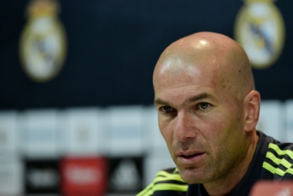 Real Madrid's French coach Zinedine Zidane gives a press conference at Real Madrid sport city in Madrid on May 13, 2016, on the eve of the Spanish league football match Real Madrid CF vs Deportivo de la Coruna.