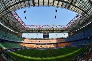 A picture shows the interior of the San Siro Stadium in Milan, on May 27, 2016, on the eve of the UEFA Champions League final foobtall match between Real Madrid and Atletico Madrid.