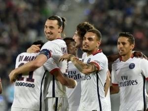 Paris Saint-Germain's Swedish forward Zlatan Ibrahimovic (2ndL) celebrates with teammates after scoring a goal during the French L1 football match between Bordeaux and Paris (PSG) on May 11, 2016 at the Matmut Atlantique stadium in Bordeaux, southwestern France. AFP PHOTO GEORGES GOBETParis Saint-Germain's Swedish forward Zlatan Ibrahimovic (2ndL) celebrates with teammates after scoring a goal during the French L1 football match between Bordeaux and Paris (PSG) on May 11, 2016 at the Matmut Atlantique stadium in Bordeaux, southwestern France. AFP PHOTO GEORGES GOBET