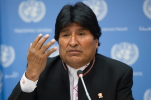 O presidente da Bol&iacute;via, Evo Morales, participa de coletiva de imprensa na ONU, em Nova York, no dia 21 de abril de 2016