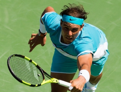 Rafael Nadal em a&ccedil;&atilde;o durante partida contra Kei Nishikori, em Indian Wells, Calif&oacute;rnia, no dia 18 de mar&ccedil;o de 2016