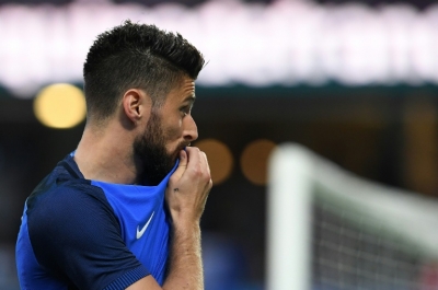 Giroud comemora o gol que marcou contra a Esc&oacute;cia, em 4 de junho, em Metz