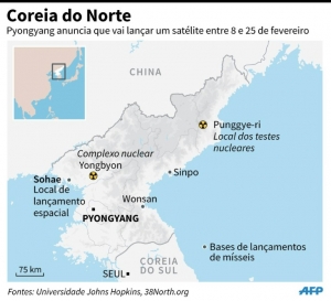 A Coreia do Norte anunciou que vai lan&ccedil;ar um sat&eacute;lite entre 8 e 25 de fevereiro. Gr&aacute;fico com localiza&ccedil;&atilde;o das instala&ccedil;&otilde;es nucleares norte-coreanas.