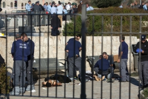 Policiais israelenses inspecionam corpos de palestinos executados ap&oacute;s atacarem uma gurada de fronteira, em Jerusal&eacute;m, no dia 3 de fevereiro de 2016