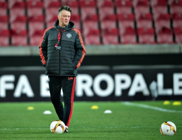 Manchester United coach Louis Van Gaal attends a training at MHC Arena in Hernin on February 17, 2016 prior to their Europa League Round of 32 football match against FC Midtjylland.