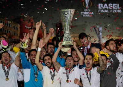 Jogadores do Sevilla comemoram vit&oacute;ria da Liga Europa, na Basileia, no dia 18 de maio de 2016