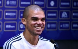 Real Madrid's defender Pepe attends a press conference on the eve of the International Champions Cup football match between Inter Milan and Real Madrid in Guagnzhou on July 26, 2015. AFP PHOTO / JOHANNES EISELE