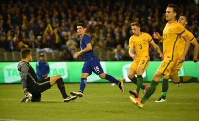 Petros Mantalos of Greece celebrates after scoring against Australia in their friendly international in Melbourne on Tuesday. Greece won the match 2-1.