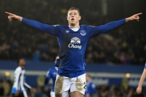 Everton's English midfielder Ross Barkley celebrates scoring their third goal from their second penalty during the English Premier League football match between Everton and Newcastle United at Goodison Park in Liverpool, north west England on February 3, 2016.