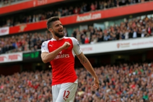 Arsenal's French striker Olivier Giroud celebrates scoring his team's third goal during the English Premier League football match between Arsenal and Aston Villa at the Emirates Stadium in London on May 15, 2016.
