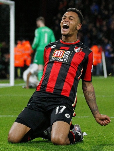 Bournemouth's Norwegian striker Joshua King celebrates scoring his team's second goal during the English Premier League football match between Bournemouth and Manchester United at the Vitality Stadium in Bournemouth, southern England on December 12, 2015. AFP PHOTO / IKIMAGES RESTRICTED TO EDITORIAL USE. No use with unauthorised audio, video, data, fixture lists, club/league logos or "live" services. Online in-match use limited to 45 images, no video emulation. No use in betting, games or single club/league/player publications.