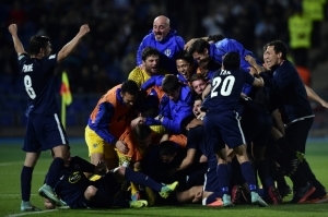 (Arquivo) Jogadores do Auckland City comemoram vit&oacute;ria sobre o Cruz Azul, em Marrakesh, no dia 20 de dezembro de 2014