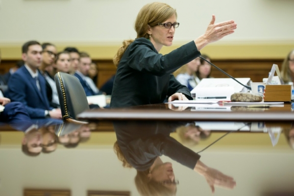 (Arquivo) A embaixadora dos Estados Unidos na ONU, Samantha Power, durante reuni&atilde;o em Washington em junho