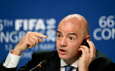 Infantino responde a perguntas durante uma entrevista coletiva, em 5 de junho, na Cidade do M&eacute;xico