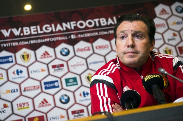 O t&eacute;cnico da B&eacute;lgica, Marc Wilmots, participa de coletiva de imprensa, em Bruxelas, no dia 23 de mar&ccedil;o de 2016