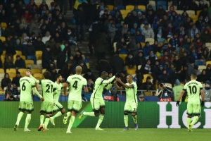 Jogadores do Manchester City comemoram gol durante partida contra o D&iacute;namo Kiev, em Kiev, no dia 24 de fevereiro de 2016