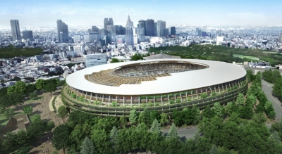 Desenho do projeto do arquiteto Kengo Kuma, selecionado para os Jogos Ol&iacute;mpicos de T&oacute;quio-2020