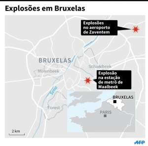 Gr&aacute;fico do local das explos&otilde;es em Bruxelas