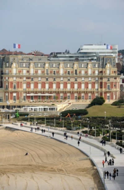 A picture taken on March 22, 2016 shows the Hotel du Palais next to the beach, in Biarritz, southwestern France.
