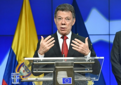 (Arquivo) O presidente colombiano Juan Manuel Santos discursa durante visita ao Conselho Europeu, em Bruxelas, em 2 de dezembro