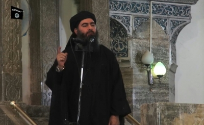 O l&iacute;der do grupo Estado Isl&acirc;mico, Abu Bakr al-Baghdadi, na cidade de Mossul, em julho de 2014.
