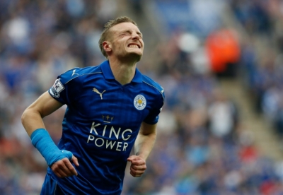 O atacante Jamie Vardy reage depois de perder um gol em Leicester, Inglaterra, no dia 7 de maio de 2016